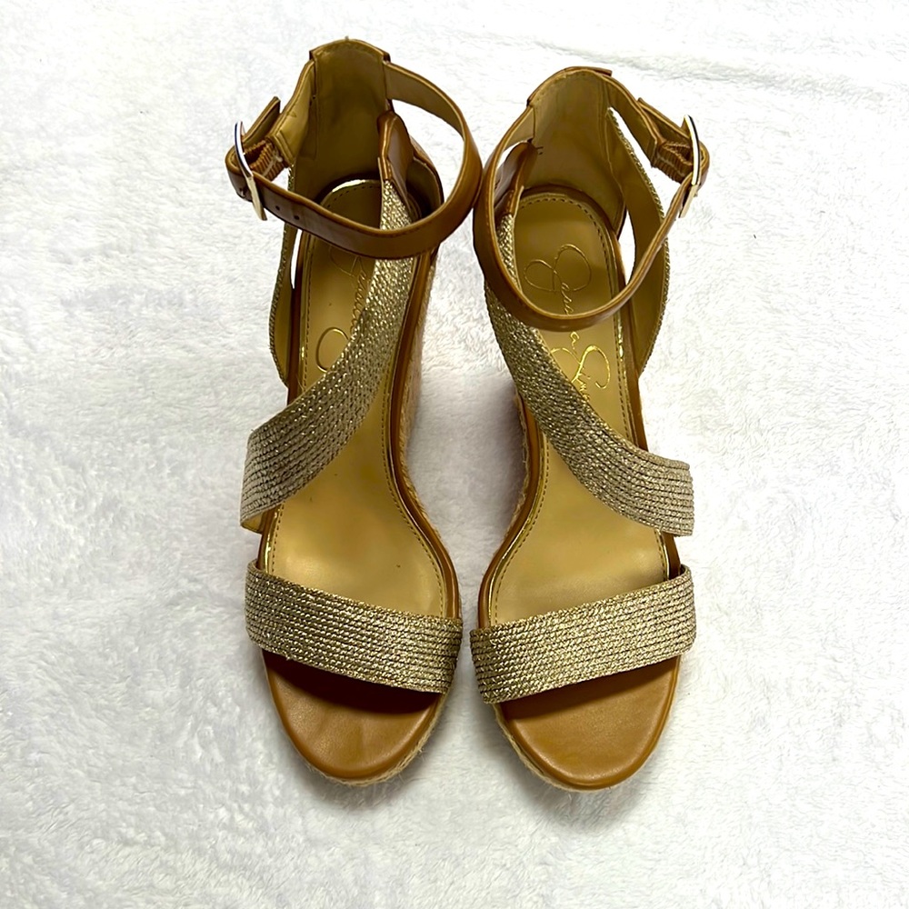 Jessica Simpson gold/tan wedges, size 7.